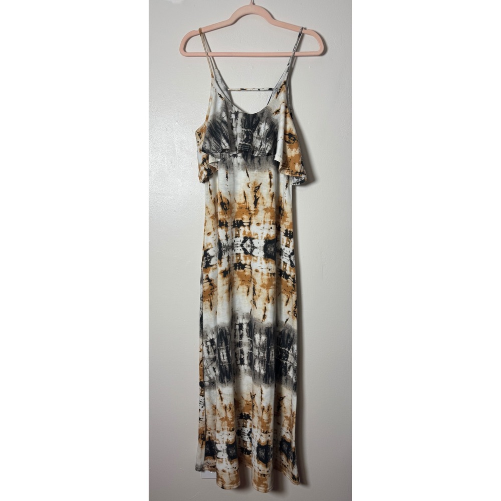 Shoreline Womens Tie Dye Maxi Dress Tan Black Ruffle Cold Shoulder Size L